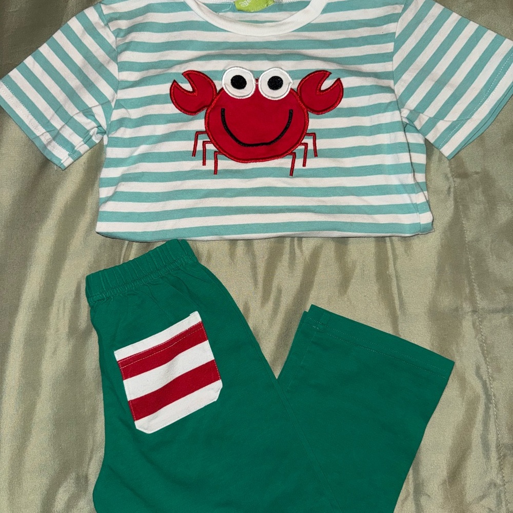 Kids Striped Crab embroidered Set - Green and Red